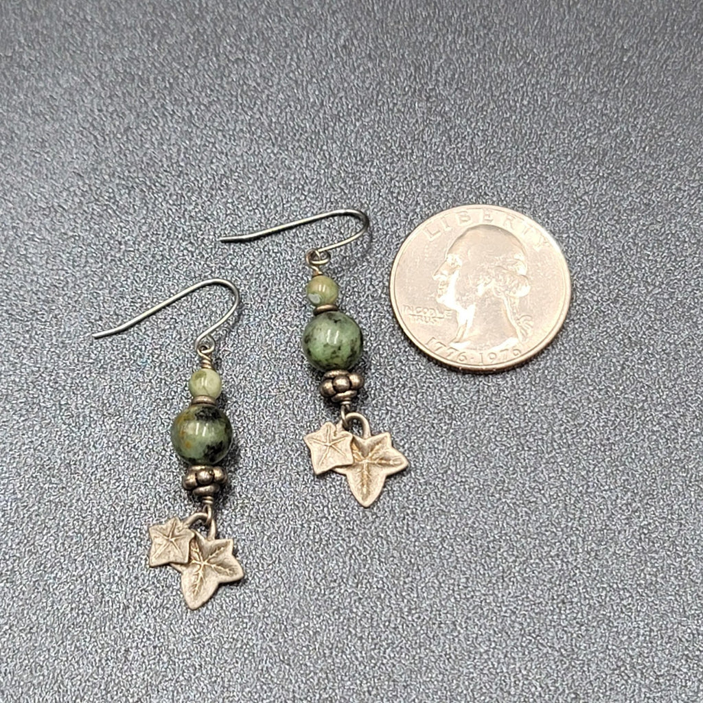 Pierced Earrings Silver tone Green Stone Dangle Leaves 1 3/8"