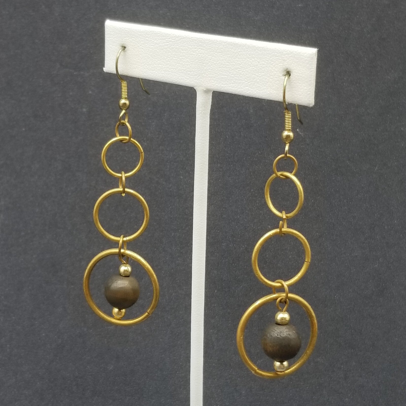Pierced Earrings Antiqued Gold tone Graduated Chain Wood Bead Dangle 2 1/8"