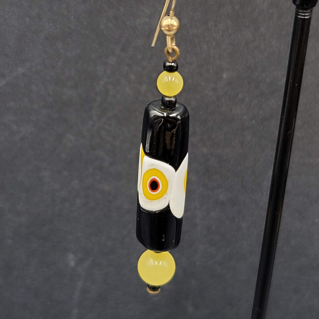 Pierced Earrings Gold tone Black Yellow White Art Glass Barrel Bead 1 7/8"