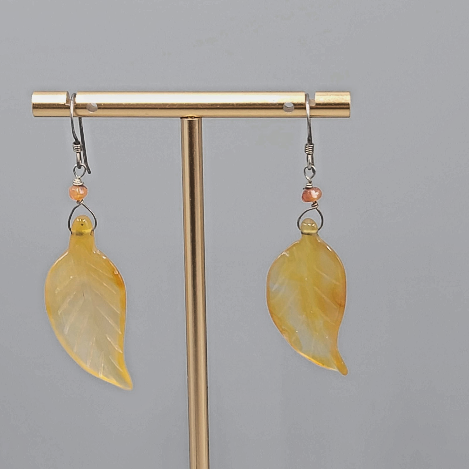 Sterling Silver Carved Agate Leaf Pierced Earrings Dangle 1.75"