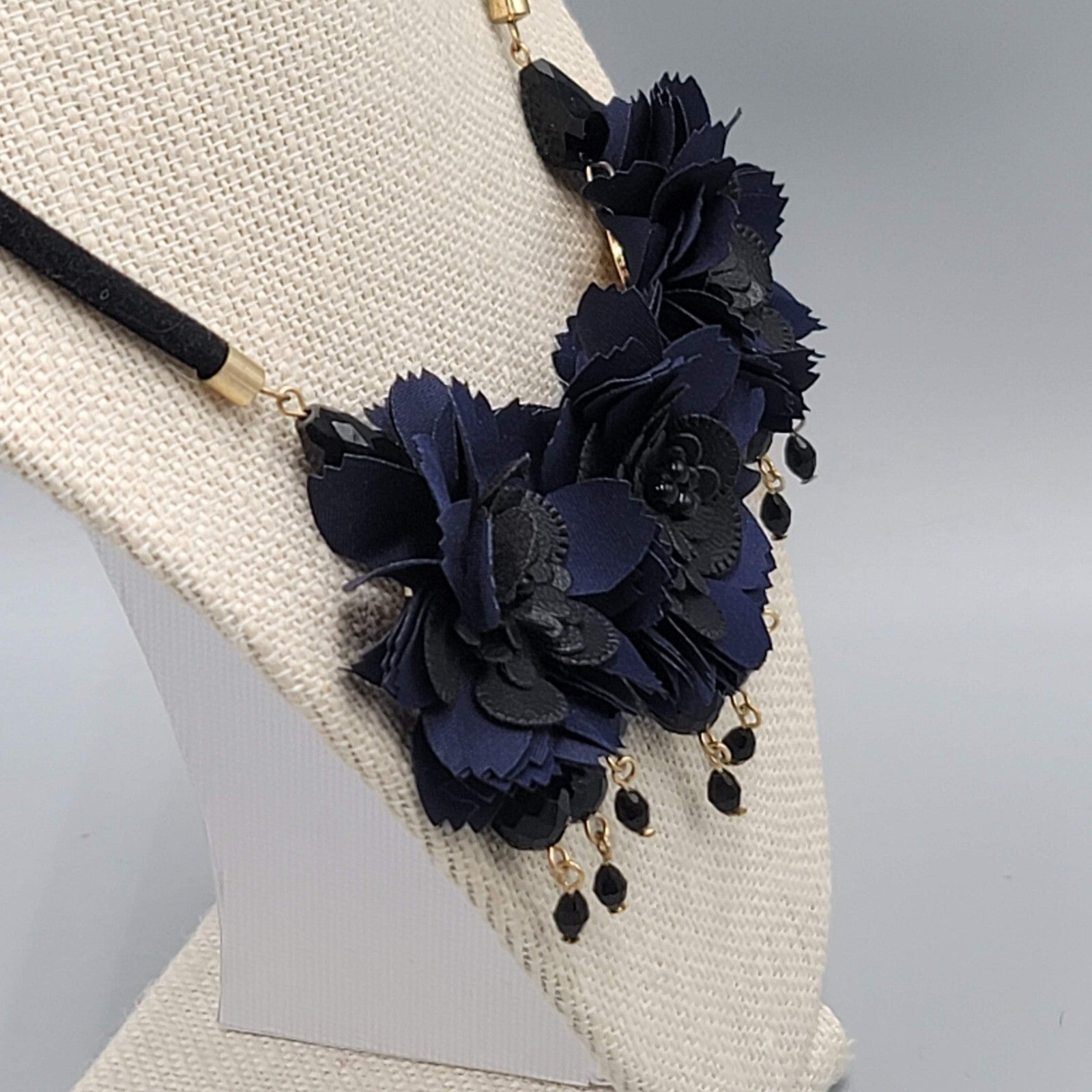 Dark Blue Fabric Flower Statement Necklace Black Cord Gold tone 18"