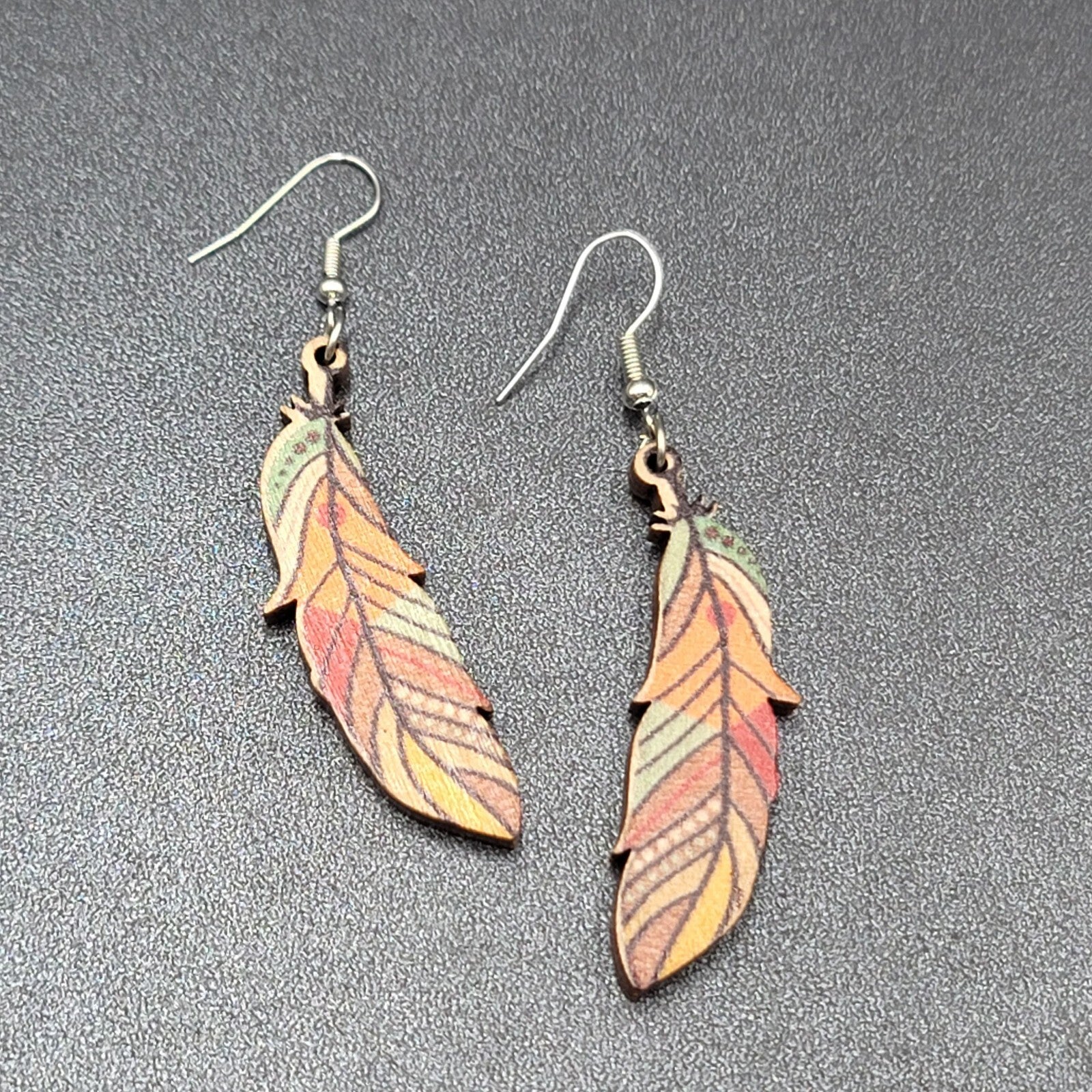 New Boho Pierced Earrings Wood Cut Feather Multicolor Dangle 2"