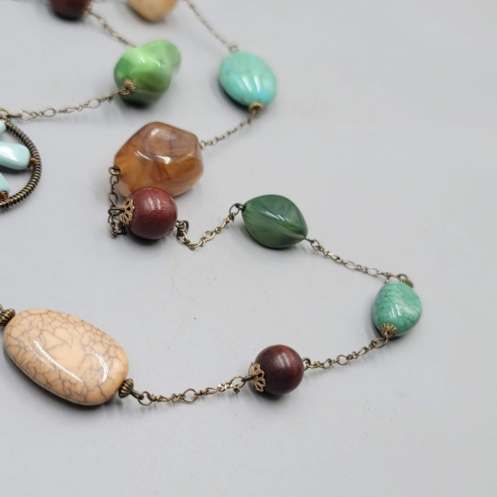 Multicolor Station Bead Necklace Green Brown Blue Flower 32"