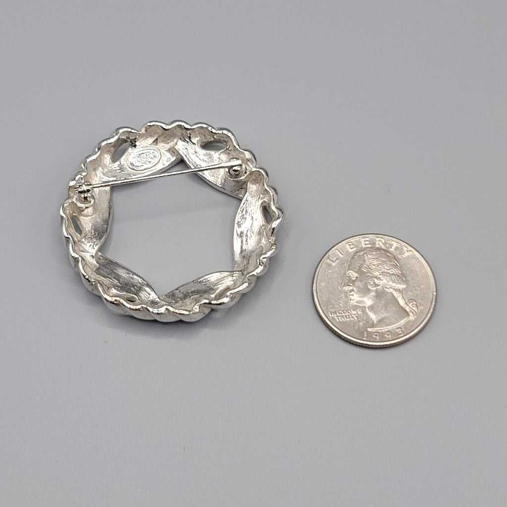 Vintage Trifari Brooch Silver Plated Wreath Round Open Center 1 5/8"