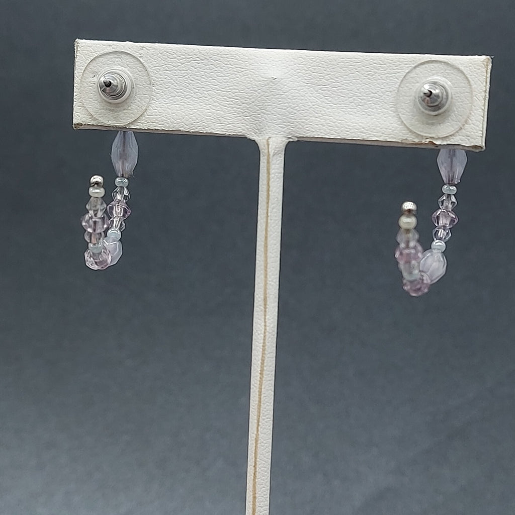 Liz Claiborne Pierced Earrings Silver tone Beaded Hoops Light Pink Purple 1 1/8"