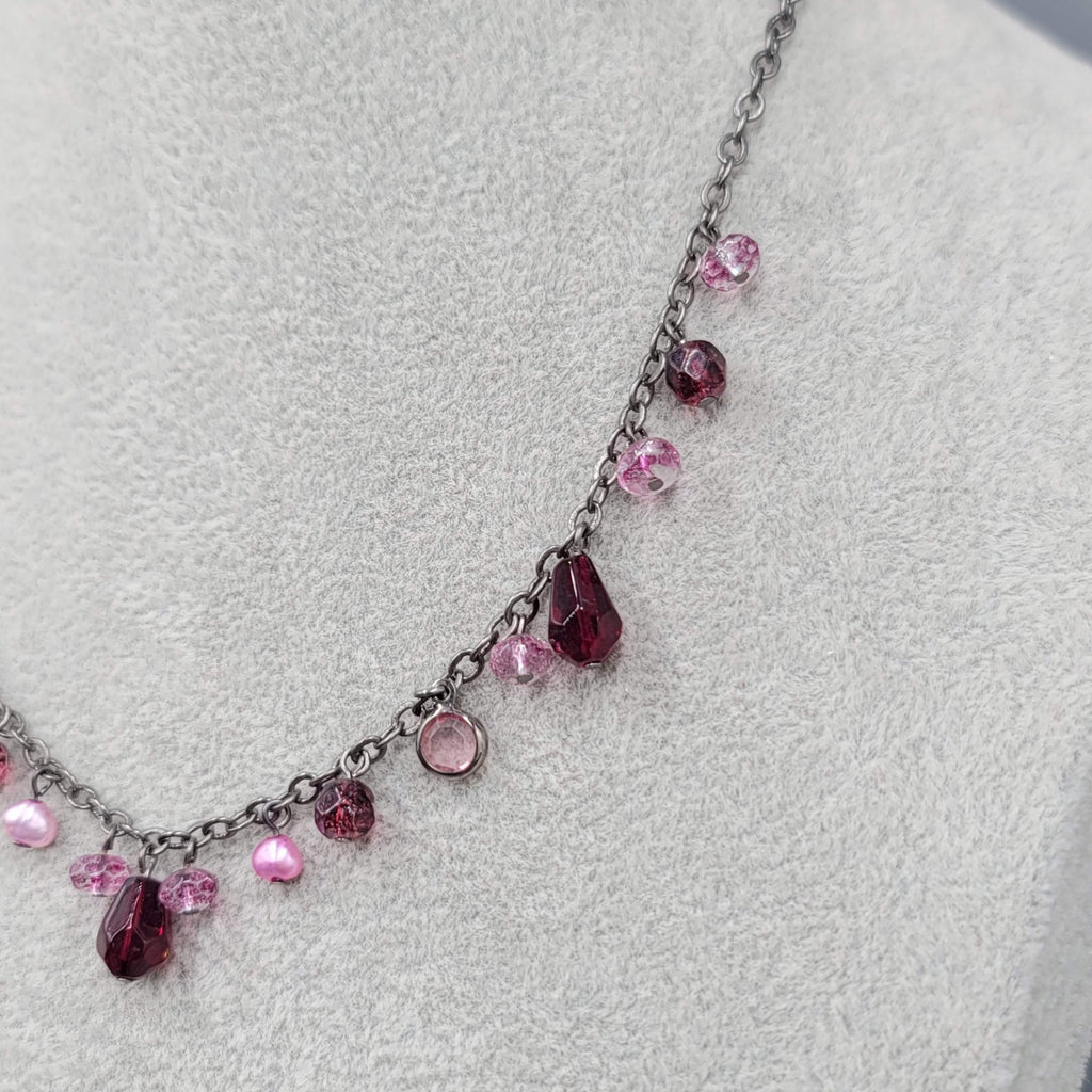 Purple Pink Bead Necklace Black Chain 16 in