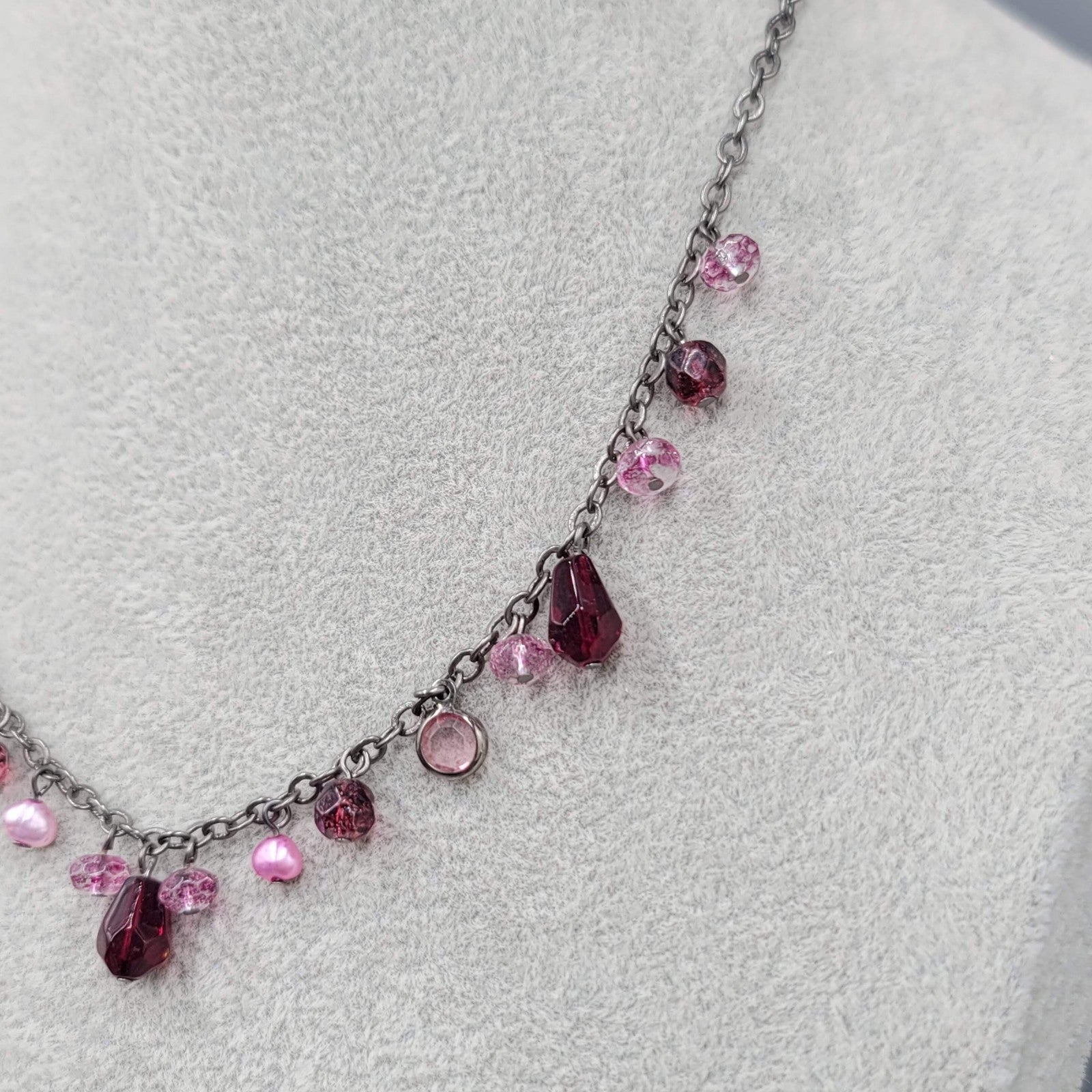 Purple Pink Bead Necklace Black Chain 16 in