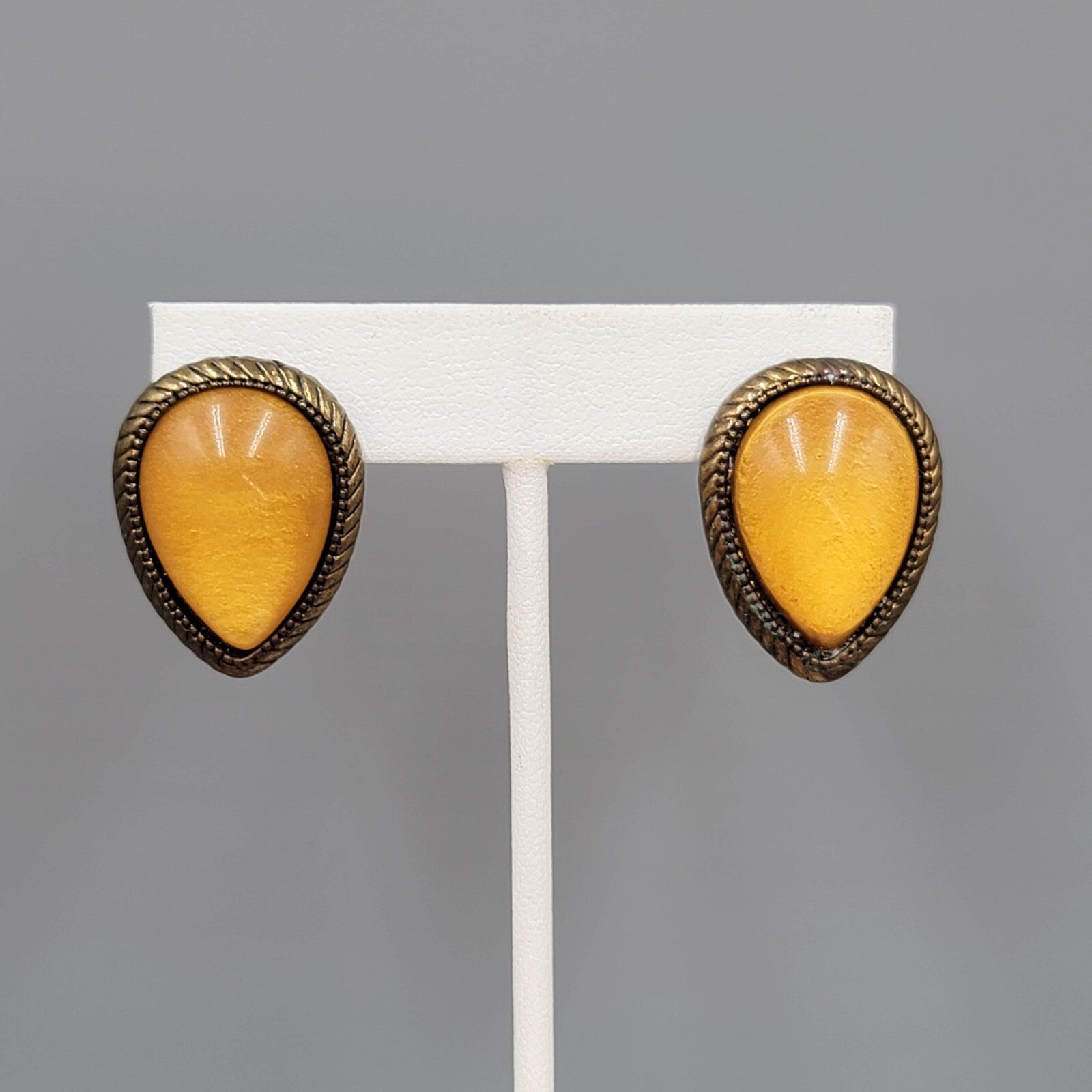 Reverse Teardrop Pierced Earrings Bronze tone Yellow Dome Drop 1"