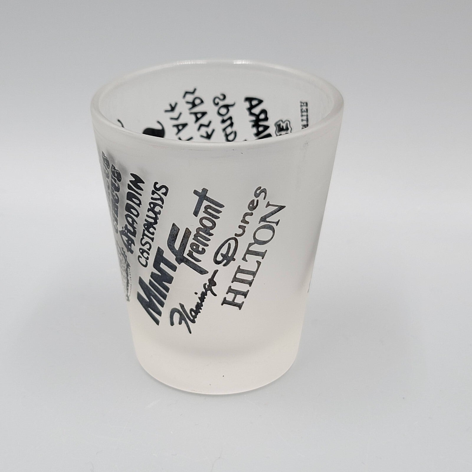 Vintage Las Vegas Casino Shot Glass Black Letters Frosted Glass Souvenir