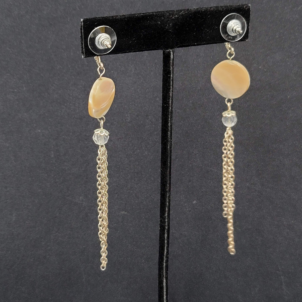 Pierced Earrings Silver tone Mother of Pearl Disc Dangle Chains 3.5"