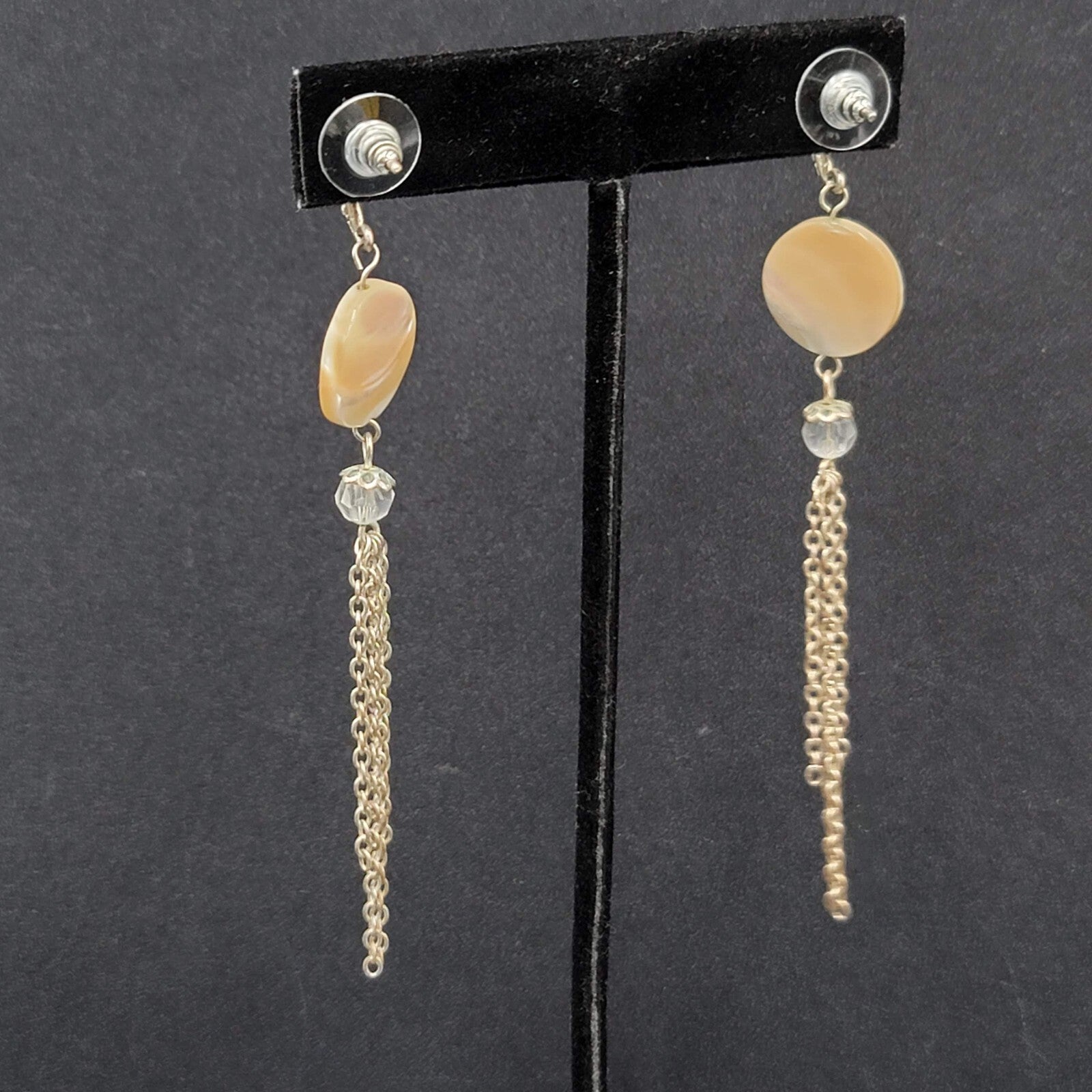 Pierced Earrings Silver tone Mother of Pearl Disc Dangle Chains 3.5"