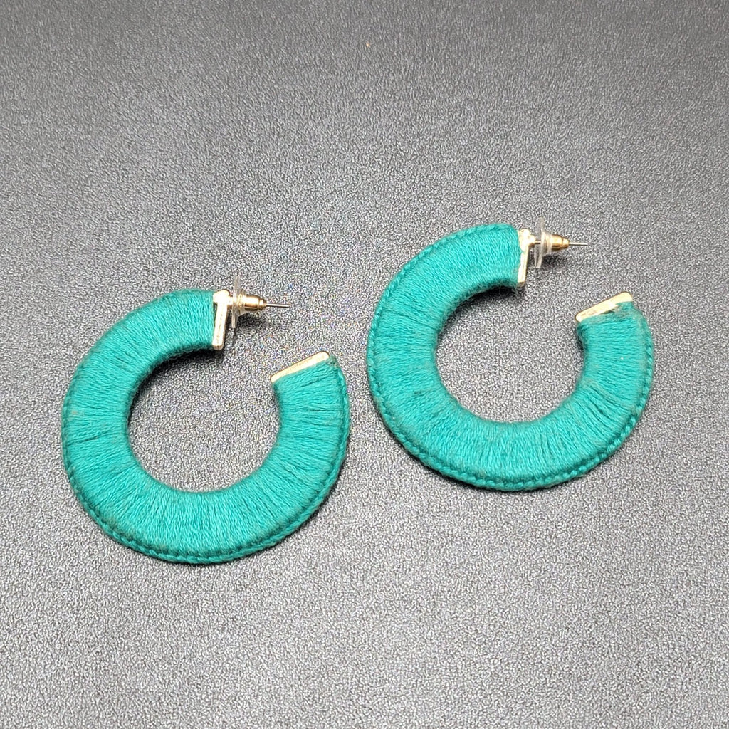 Pierced Earrings Gold tone Turquoise Blue Thread Wrapped Hoops 2 1/8"
