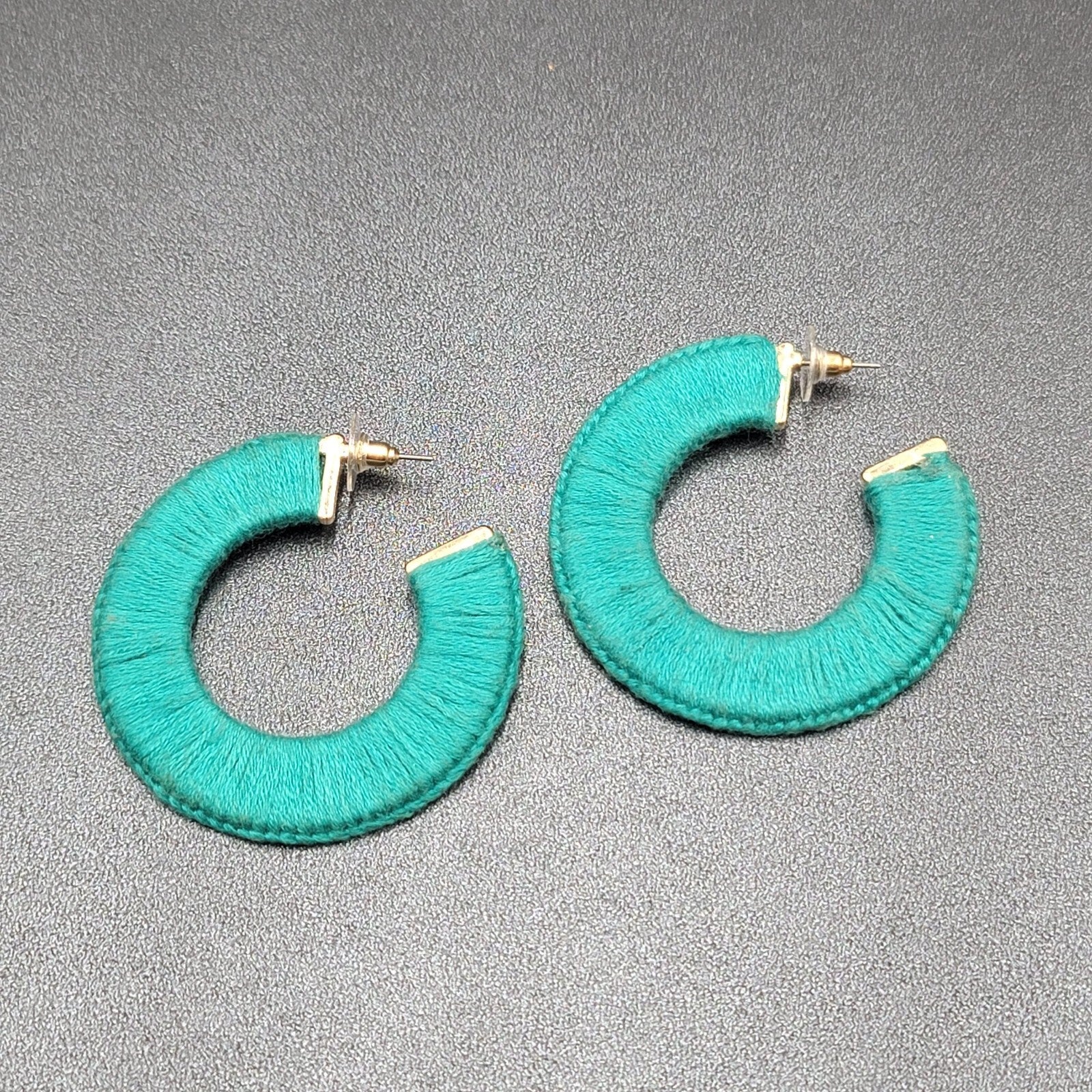 Pierced Earrings Gold tone Turquoise Blue Thread Wrapped Hoops 2 1/8"