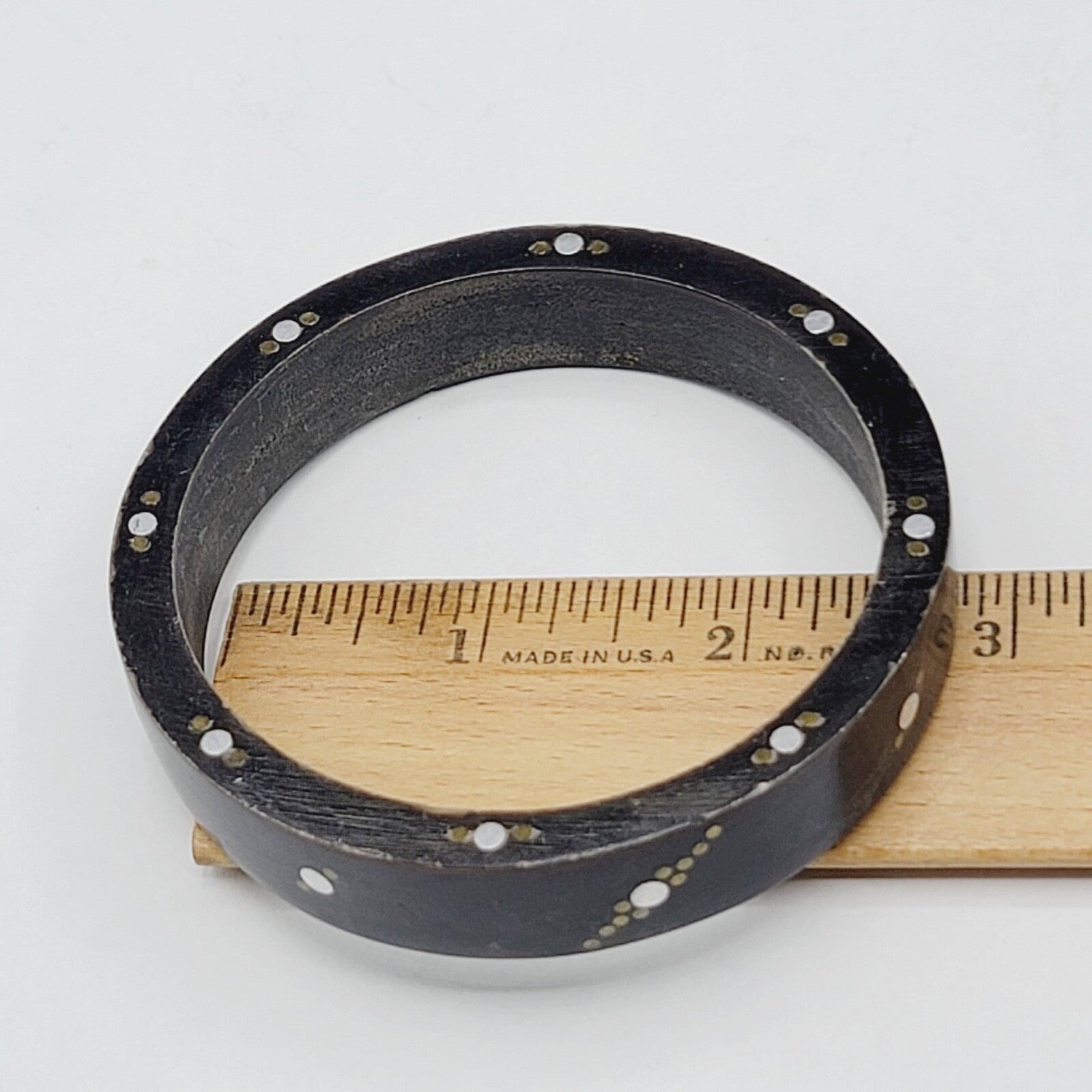 Wood Bangle Bracelet Inlay Brass and Nickel Boho Ethnic Unique 8 in