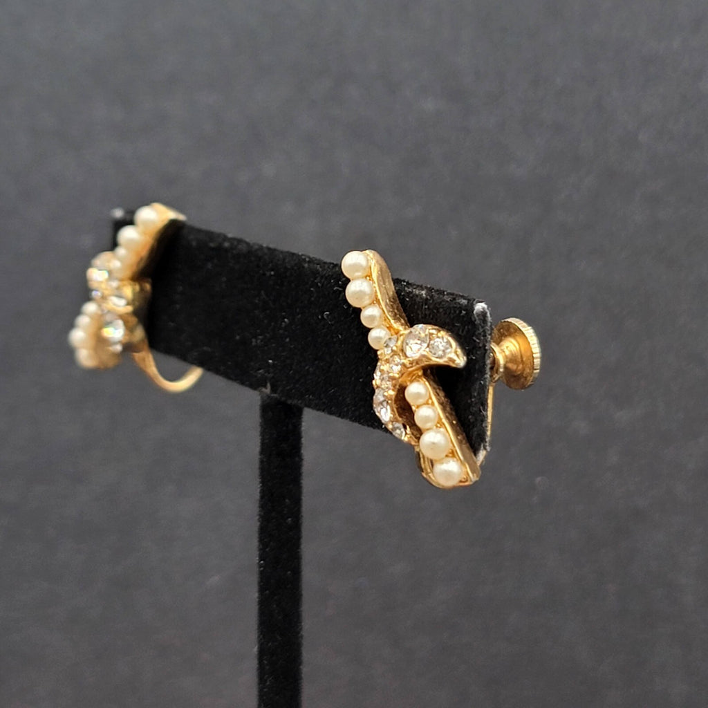 Vintage Clip on Earrings Gold tone Rhinestone Drop 7/8"