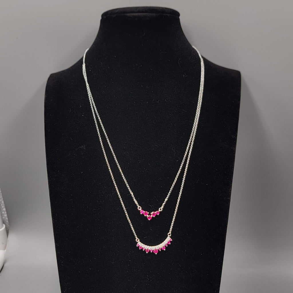 Bomb Party Layer Necklace Dark Pink Crystals Silver Plated 20"
