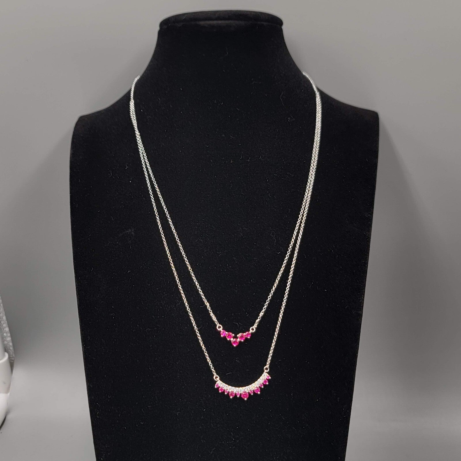 Bomb Party Layer Necklace Dark Pink Crystals Silver Plated 20"