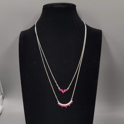 Bomb Party Layer Necklace Dark Pink Crystals Silver Plated 20"