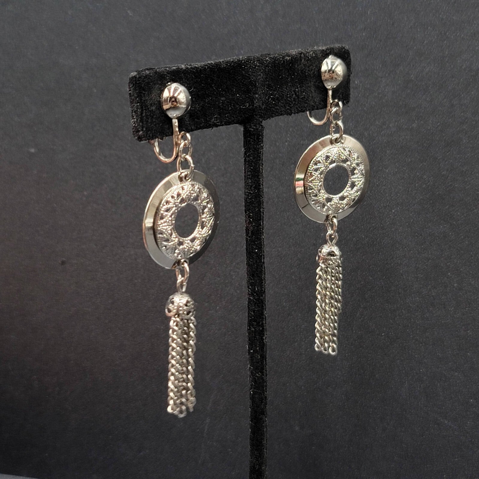 Vintage Clip on Earrings Silver tone Open Circle Tassel Chains  2.75"