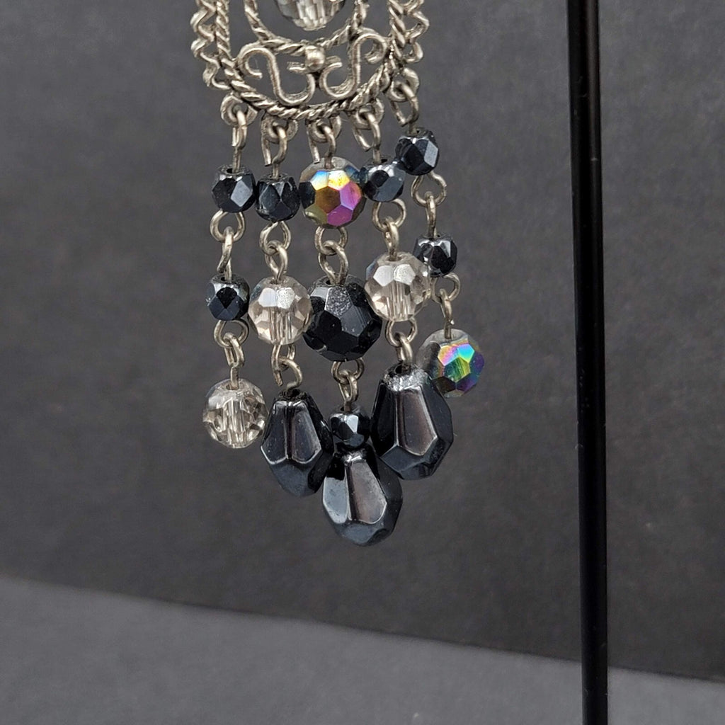 Pierced Earrings Silver tone Black AB Glass Beads Chandelier 3"
