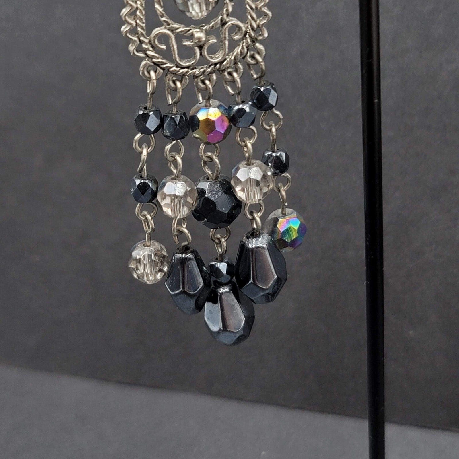 Pierced Earrings Silver tone Black AB Glass Beads Chandelier 3"