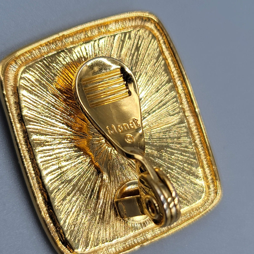 Vintage Monet Clip on Earrings Gold plated Rectangle Peach Swirl Enamel Drop 1"