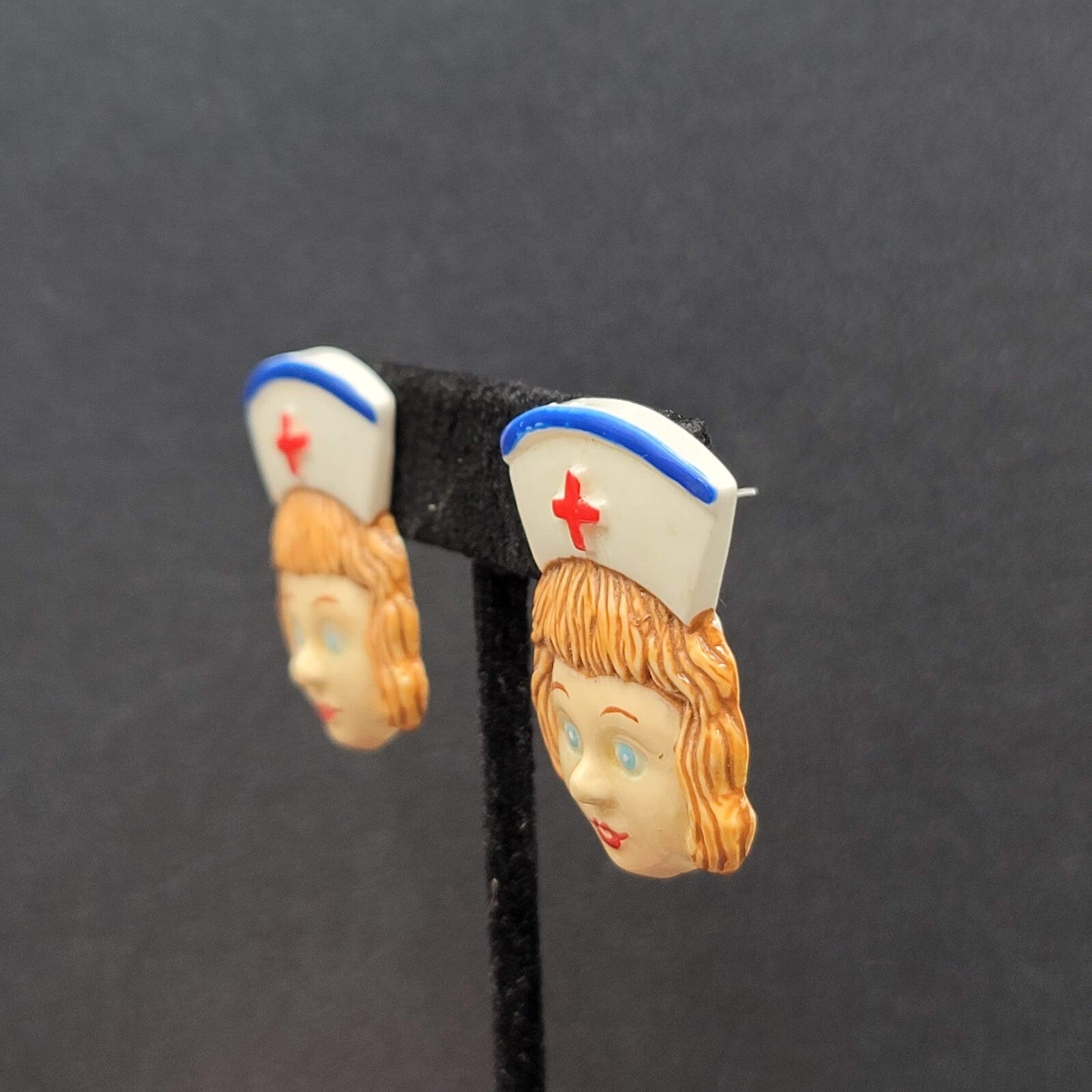 Vintage Pierced Earrings Acrylic Nurse Face Medical Fun Gift 1 3/8"