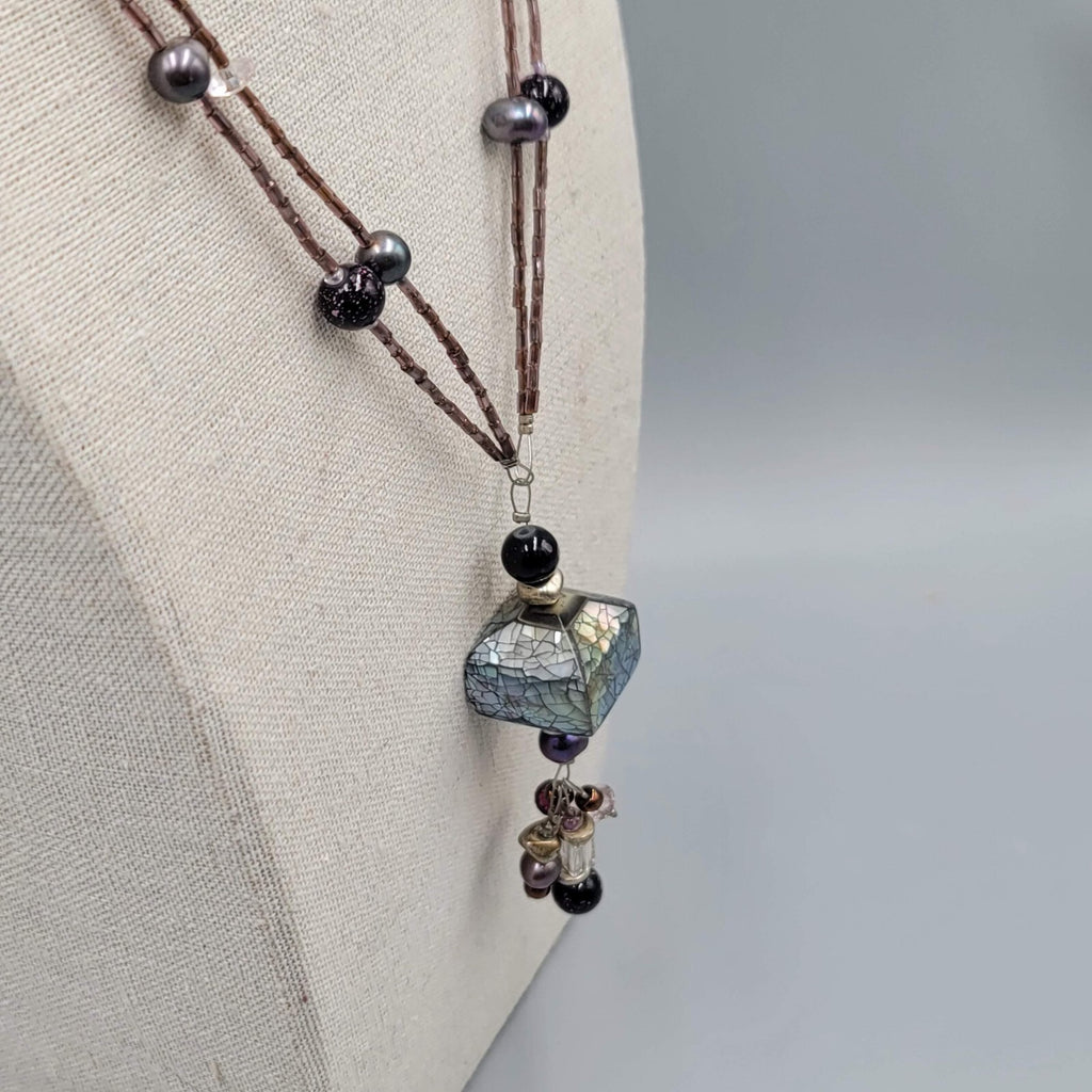 Artisan Necklace Real Pearl and Glass Beads Shell Mosaic Pendant 18"