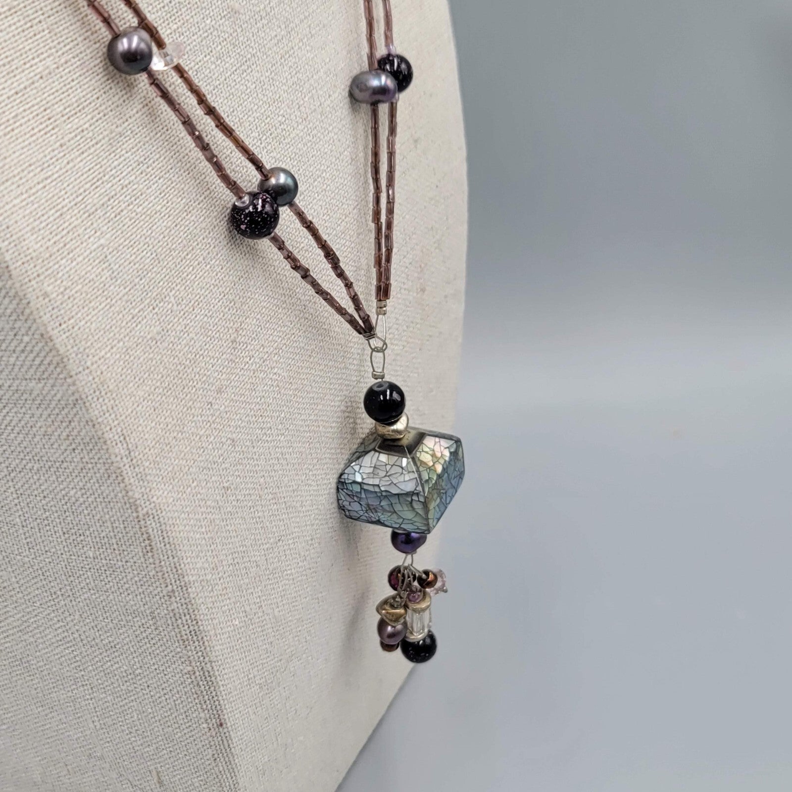 Artisan Necklace Real Pearl and Glass Beads Shell Mosaic Pendant 18"