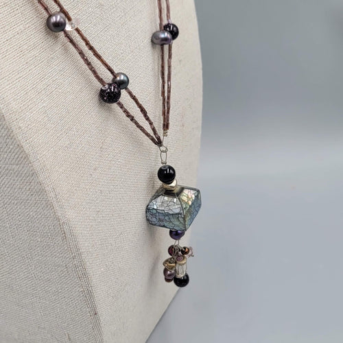 Artisan Necklace Real Pearl and Glass Beads Shell Mosaic Pendant 18"