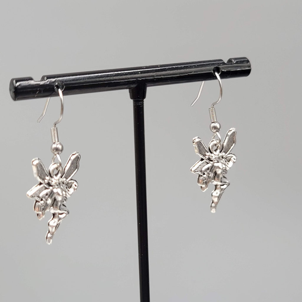 Fairy Pierced Earrings Embossed Silver tone Dangle 3/4"