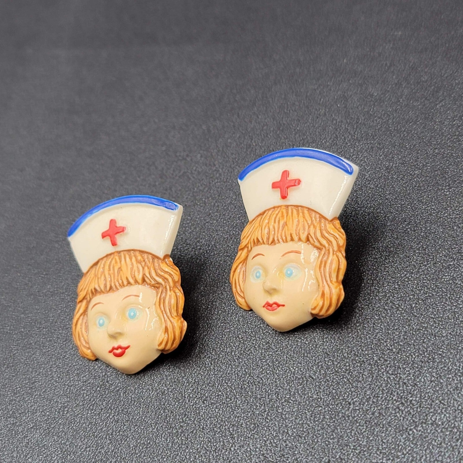 Vintage Pierced Earrings Acrylic Nurse Face Medical Fun Gift 1 3/8"