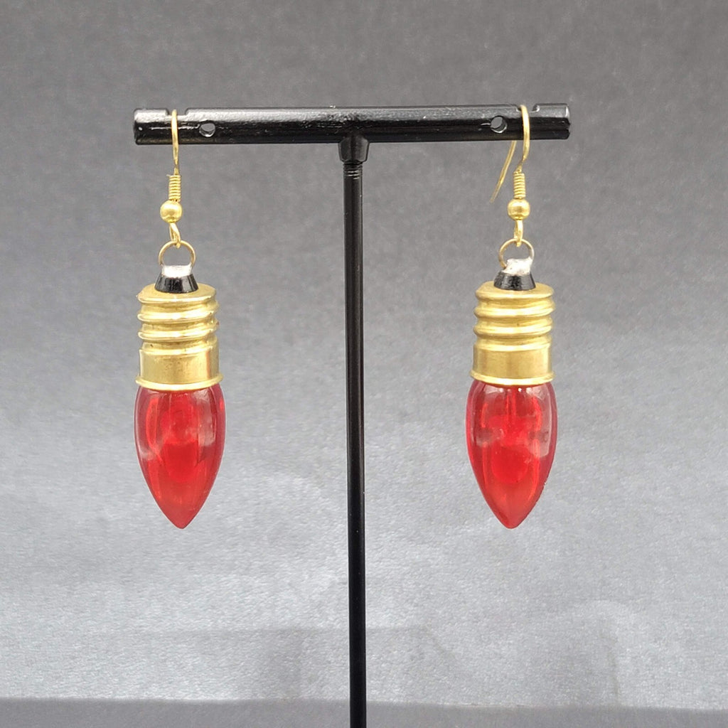 Christmas Pierced Earrings Gold tone Red Christmas Bulbs 1.75"