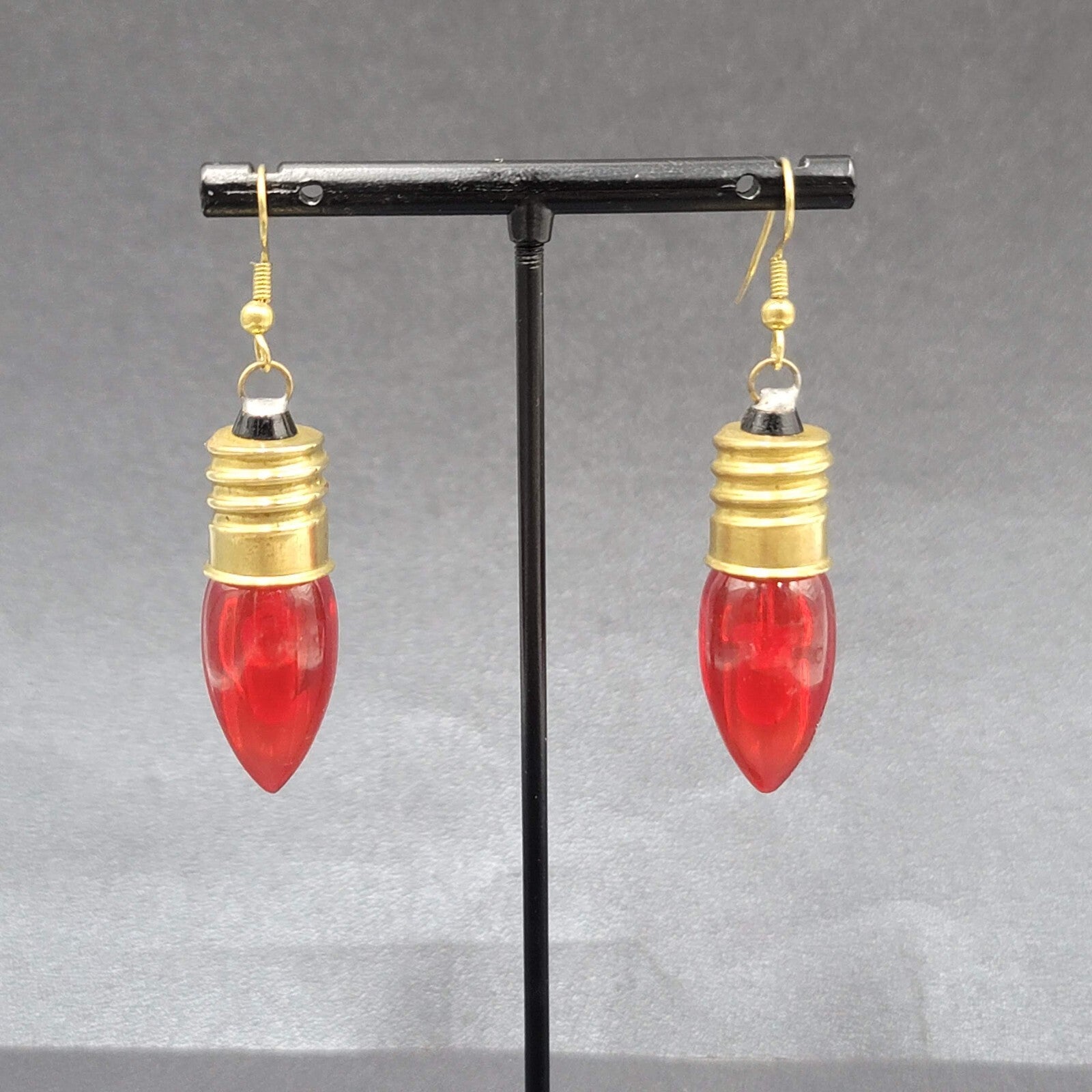 Christmas Pierced Earrings Gold tone Red Christmas Bulbs 1.75"