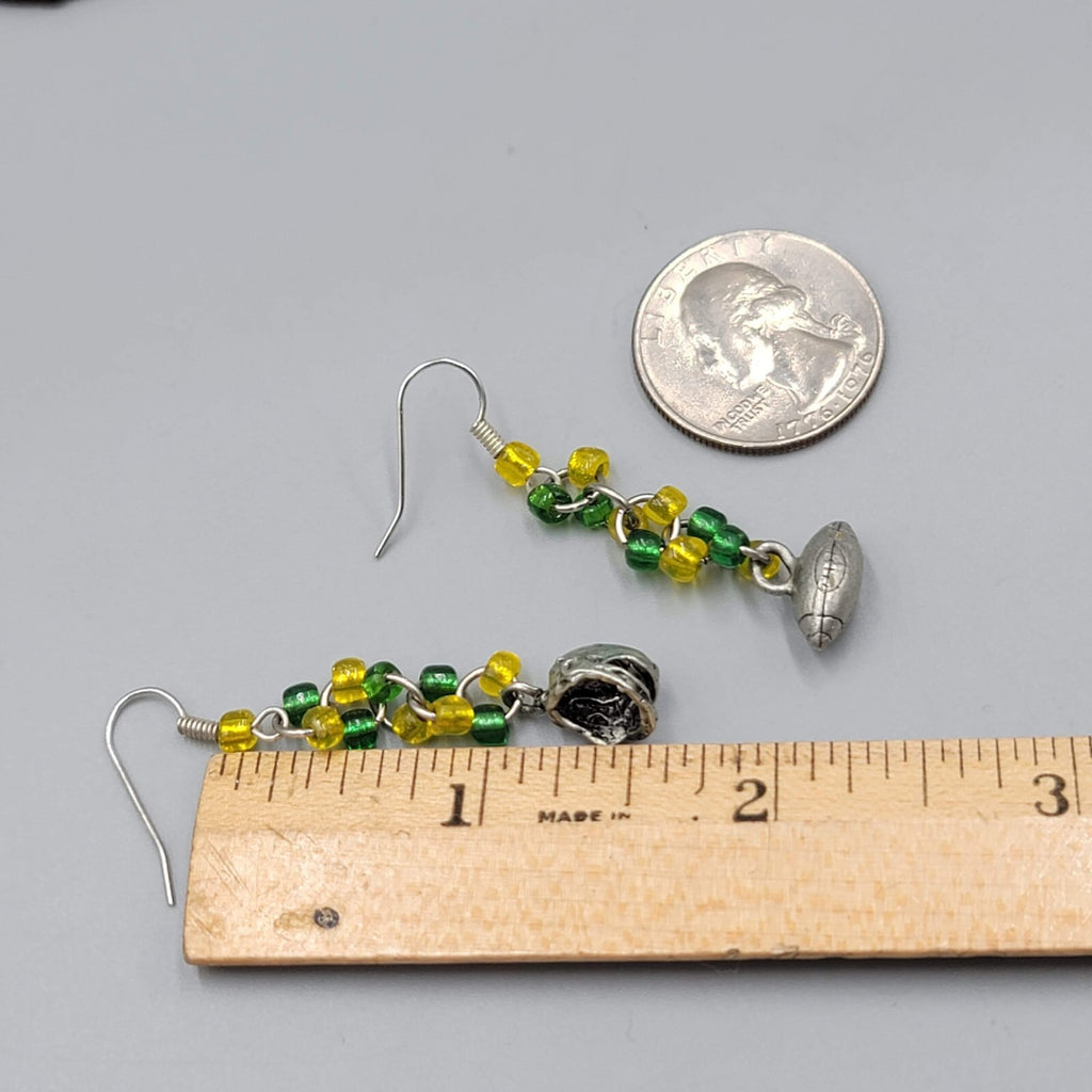 Football Charm Pierced Earrings Green Yellow Bead Dangle 1.5"