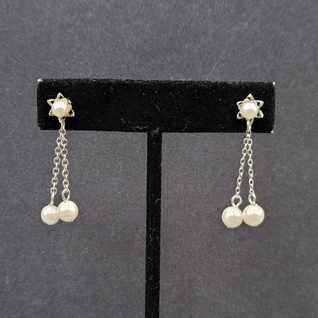 Vintage Pierced Earrings Silver tone White Bead Dangle Chains 1 3/8"