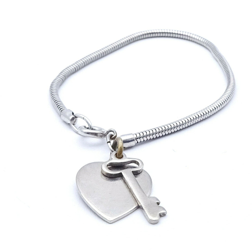Vintage Silver tone Snake Chain Bracelet With Heart and Key 7 in