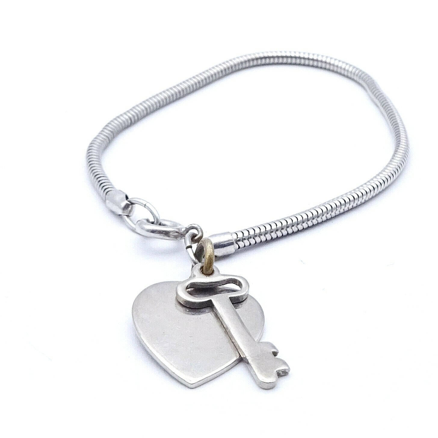 Vintage Silver tone Snake Chain Bracelet With Heart and Key 7 in