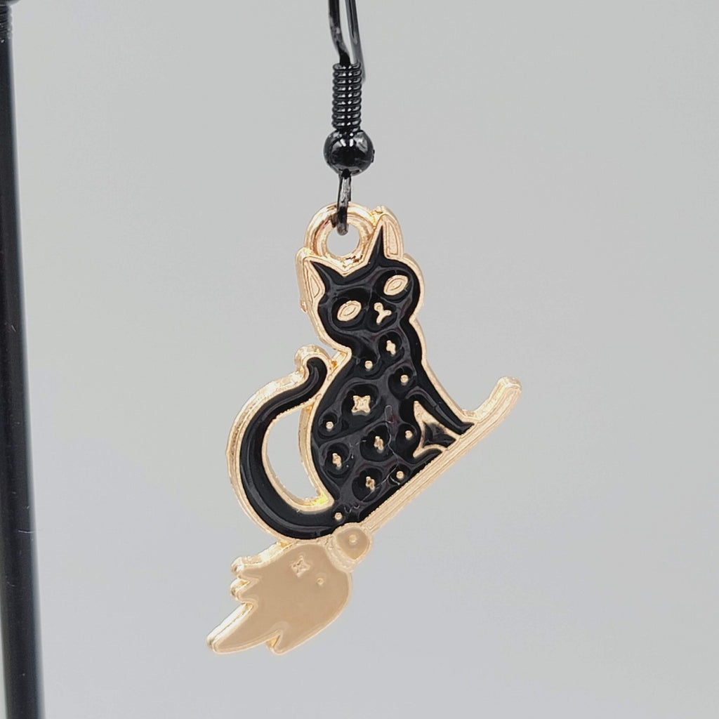 Black Cat Riding Broom Pierced Earrings Enamel Gold tone Dangle New 1"