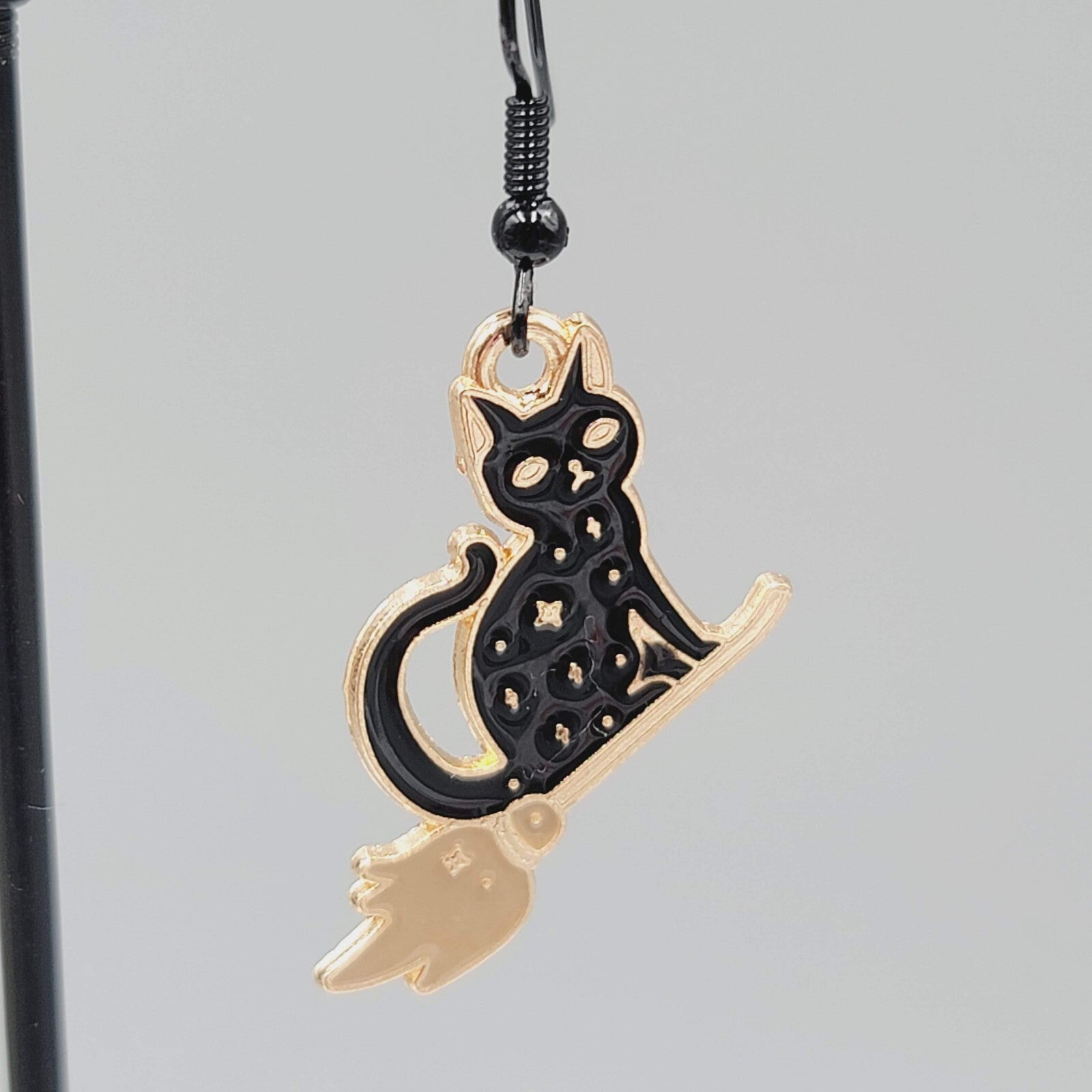 Black Cat Riding Broom Pierced Earrings Enamel Gold tone Dangle New 1"