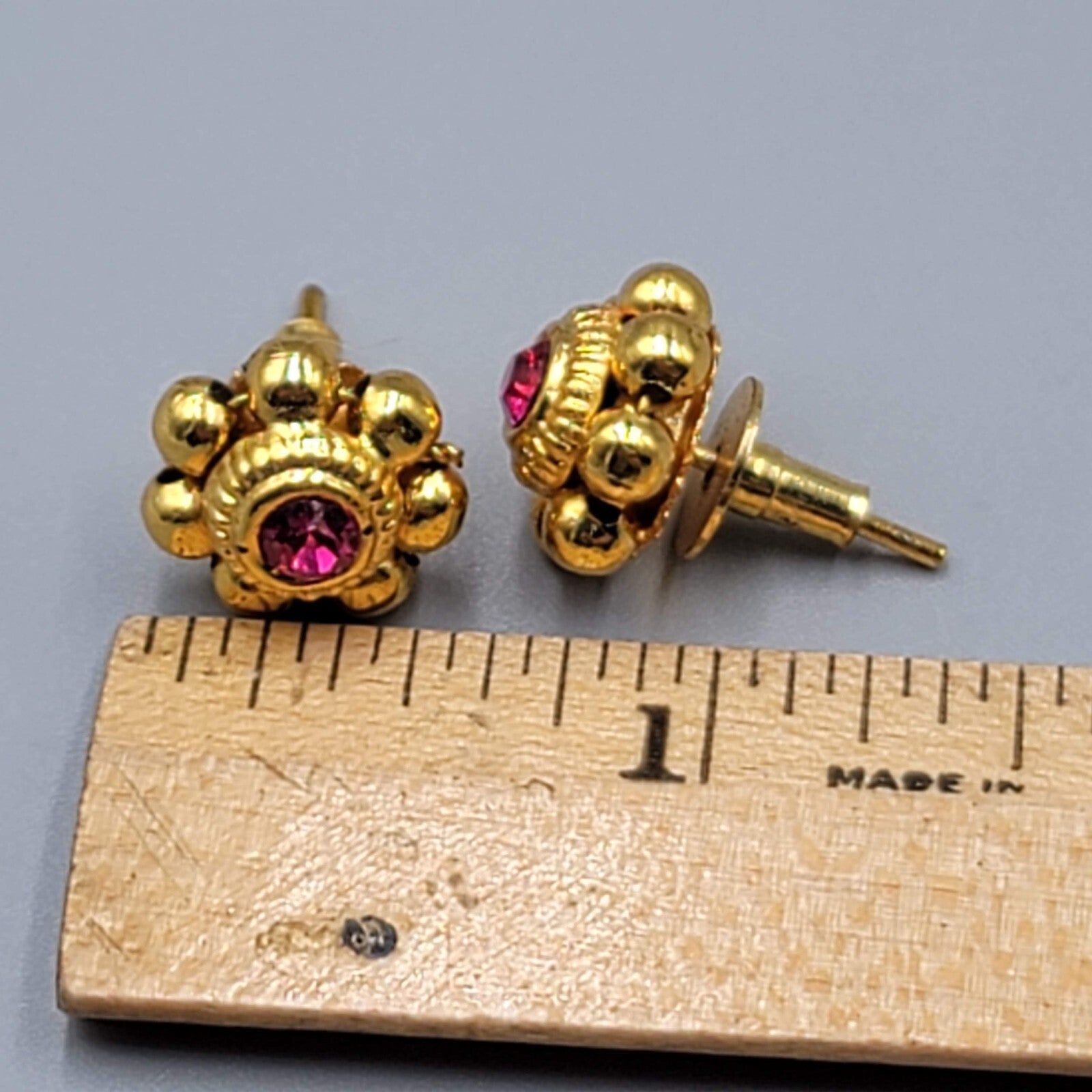 Bollywood Pierced Earrings Gold Plated Hot Pink Stone Studs 1/2"