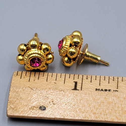 Bollywood Pierced Earrings Gold Plated Hot Pink Stone Studs 1/2"