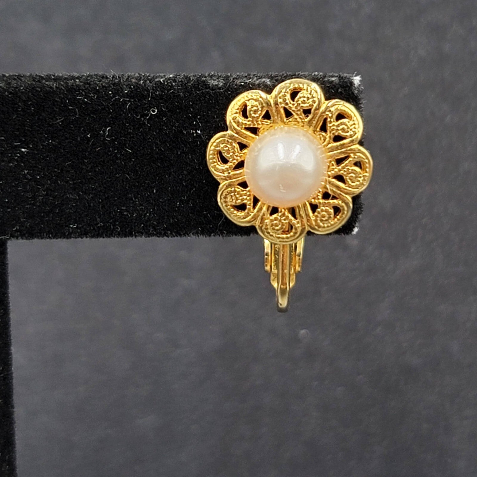 Vintage Clip on Earrings Gold tone Faux Pearl Filigree Flower Studs 1/2"