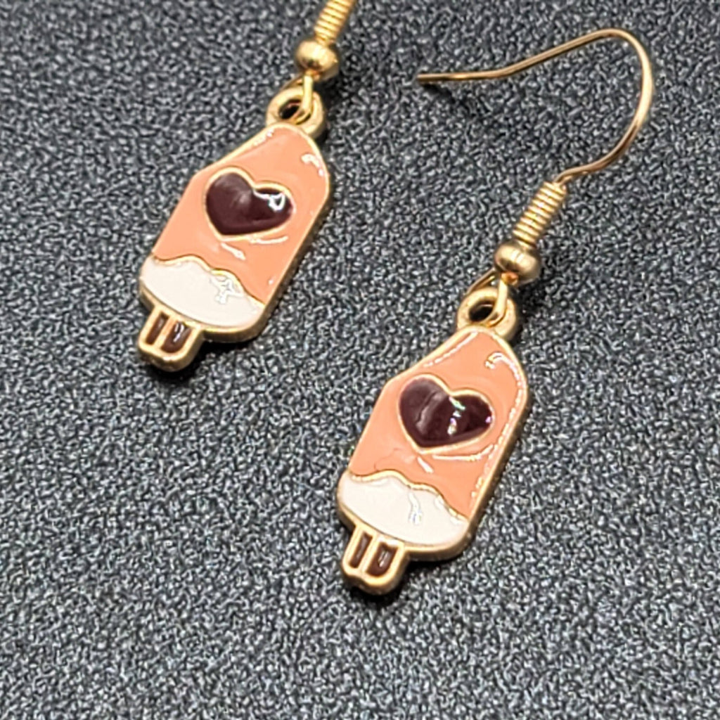 Heart Ice Cream Popsicle Pierced Earrings Pink Enamel Dangle New 3/4"