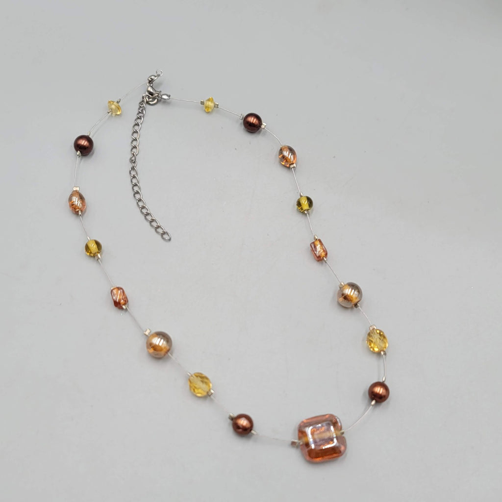 Multi color Glass Bead Station Necklace Silver tone Wire 16"-18"