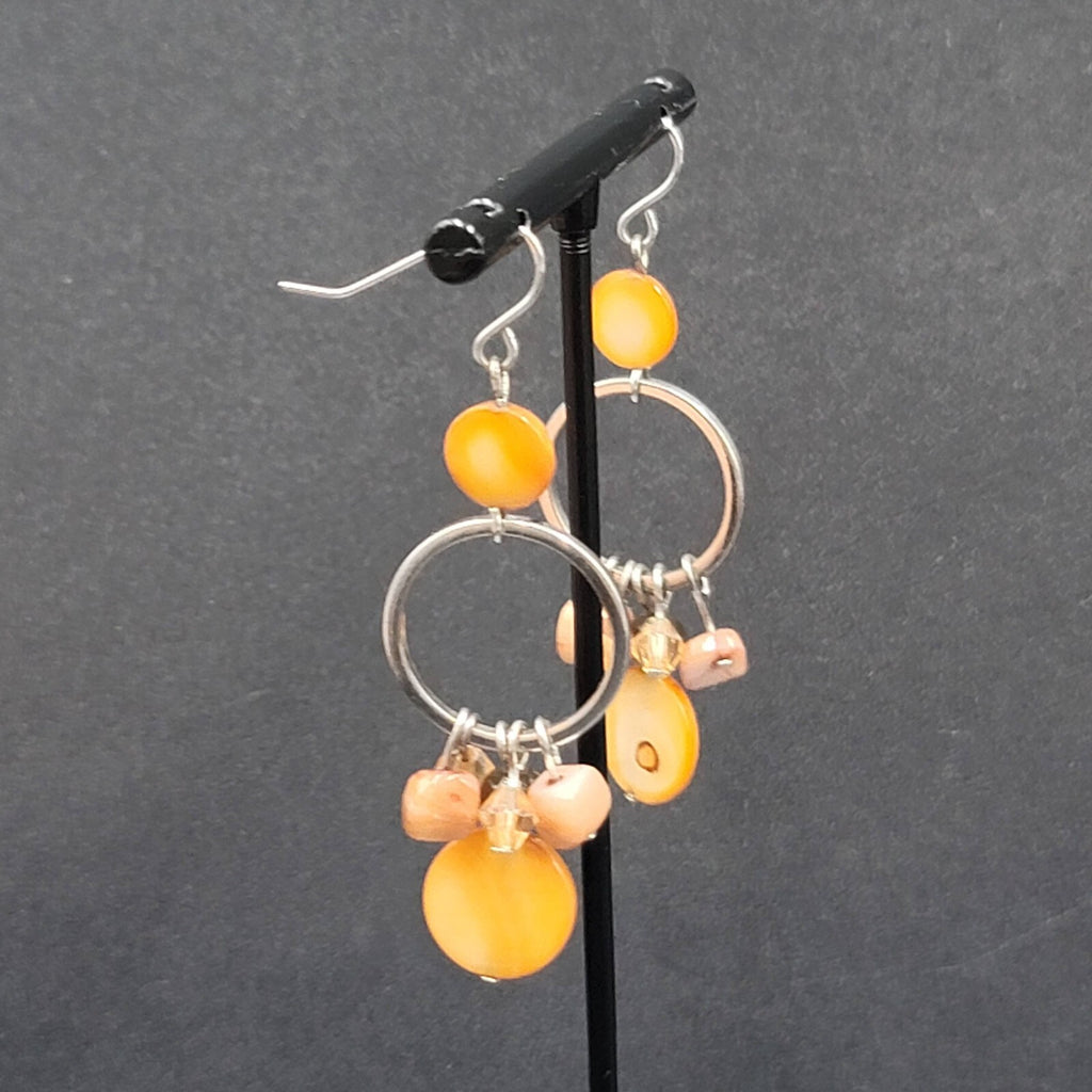 Pierced Earrings Silver tone Orange Shells Dangle Beads 2"