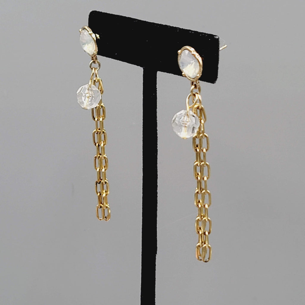 Gold tone Dangle Chains Pierced Earrings Translucent Rhinestone 2.5"