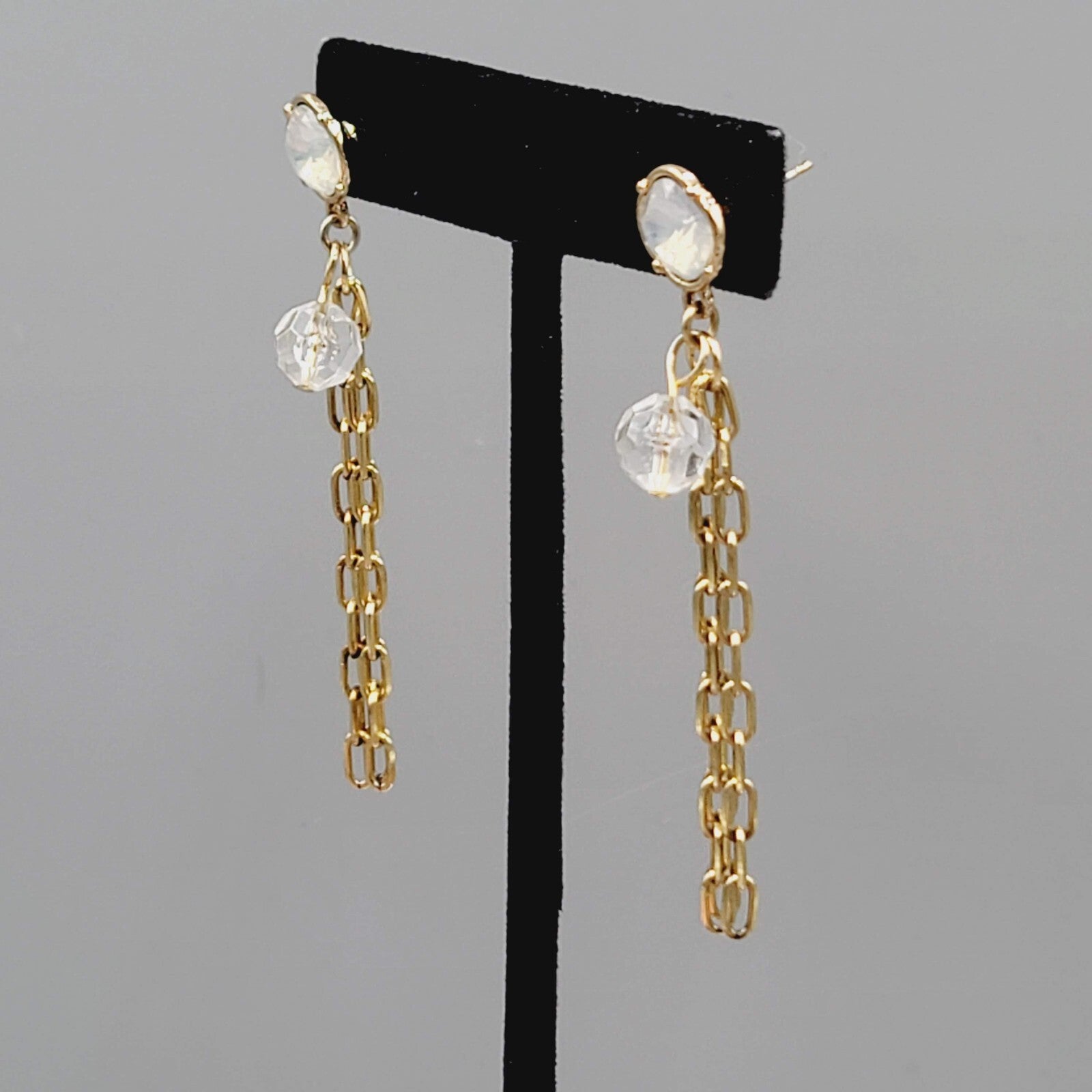 Gold tone Dangle Chains Pierced Earrings Translucent Rhinestone 2.5"