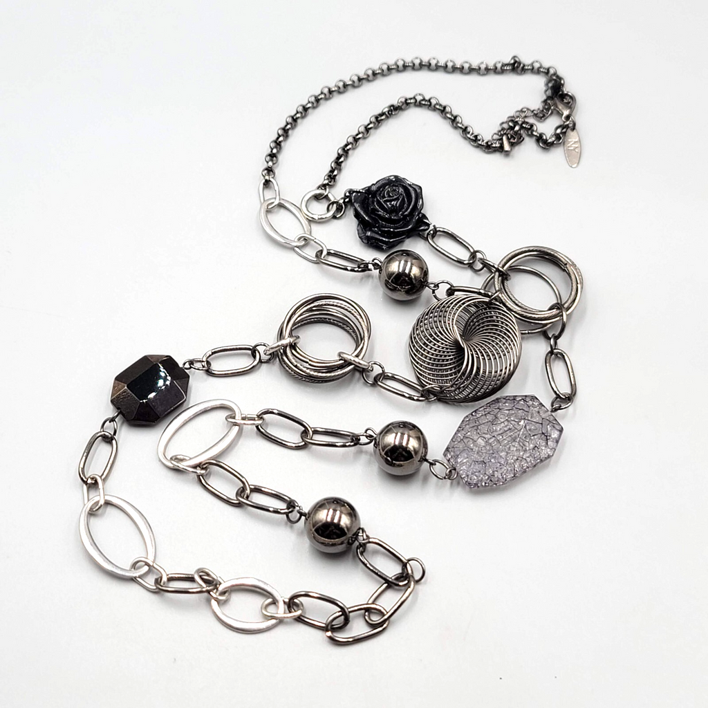 Long NY Black and Gray Necklace Eclectic Bead 42"+