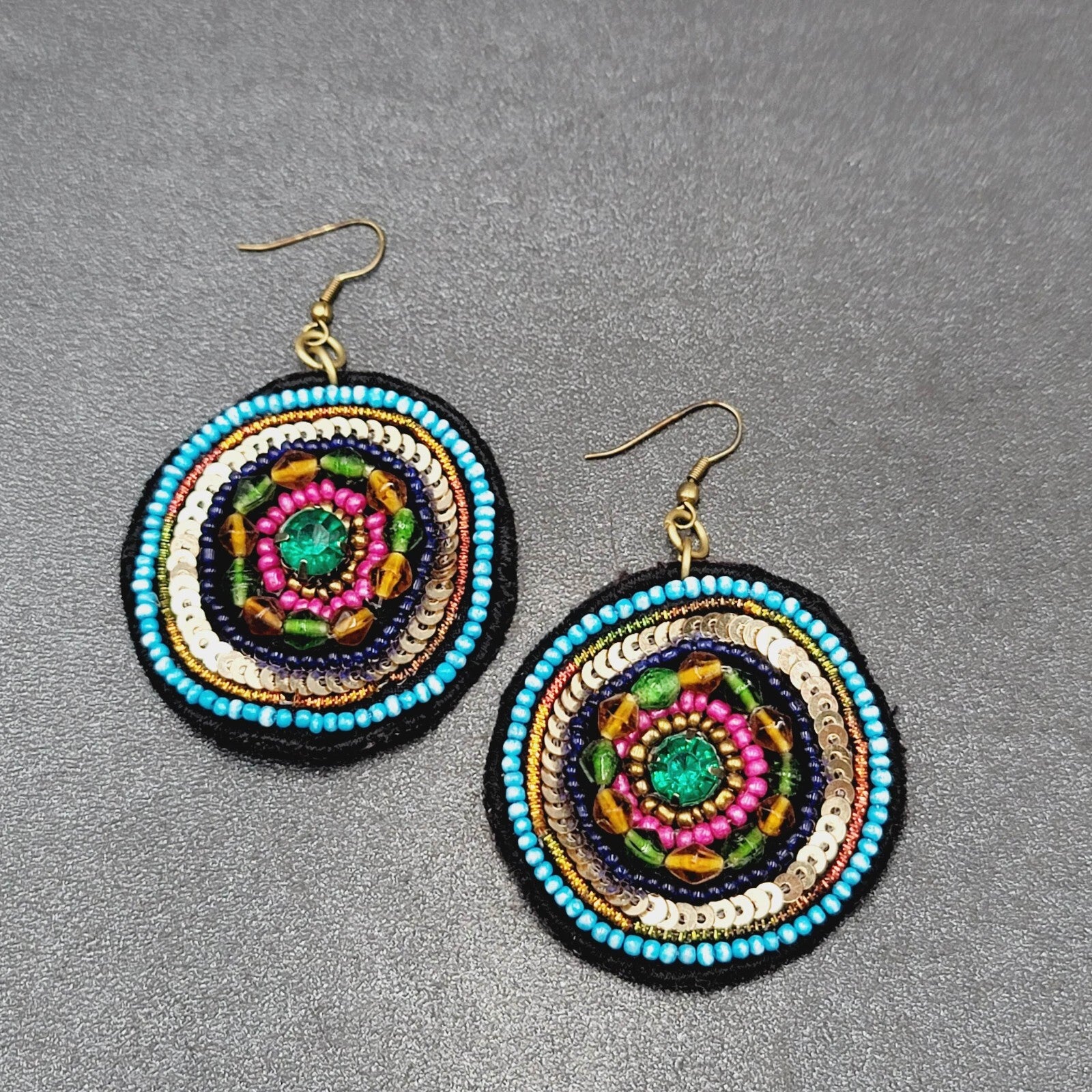 Boho Pierced Earrings Beaded Felt Medallion Dangle 1.75"